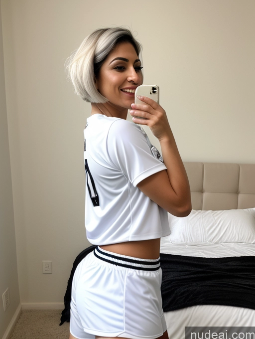 ai nude image of there is a woman taking a selfie in a white shirt and shorts pics of Beautiful Big Ass 30s Orgasm White Hair Arabic Short Hair Bending Over Skinny Side View Bedroom Soccer