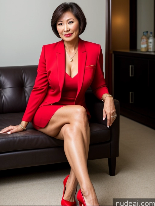 ai nude image of woman in red dress sitting on a black couch in a room pics of Milf Perfect Boobs Chinese Stylish Party 60s Spreading Legs Suit Blouse High Heels Dark Lighting Short Hair