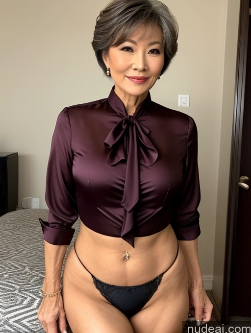 ai nude image of there is a woman in a purple shirt and black panties posing for a picture pics of Milf Perfect Boobs 60s Pixie Chinese Party Spreading Legs Blouse High Heels Stylish Suit