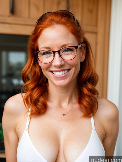 ai nude image of smiling woman with red hair and glasses in a white bra top pics of Woman One Small Tits Beautiful Glasses Skinny Abs 40s Happy Ginger Pigtails Irish Front View Jeans