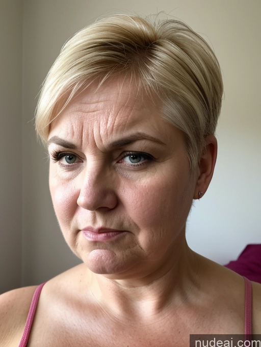 ai nude image of blond woman with short hair looking at camera with serious expression pics of Czech Blonde Pixie Bedroom Nightgown Simple 70s Fat Perfect Boobs Serious Angry