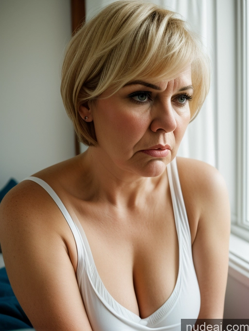 ai nude image of blond woman in white tank top looking at camera with serious look pics of Czech Blonde Pixie Bedroom Nightgown Simple 70s Fat Perfect Boobs Serious Angry Plank