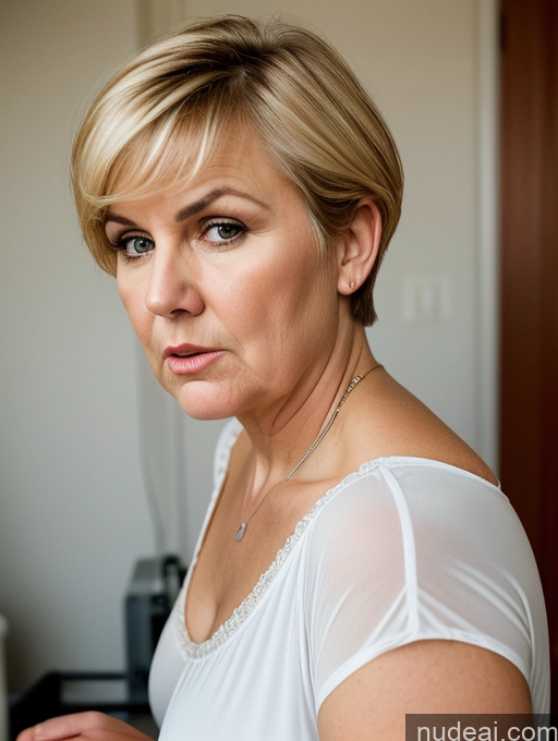 ai nude image of blond woman in white shirt looking at camera with serious look pics of Czech Blonde Pixie Bedroom Nightgown 70s Fat Perfect Boobs Serious Angry Front View Teacher Working Out