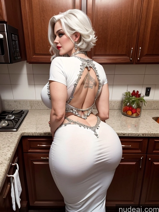 ai nude image of araffe in a white dress standing in a kitchen with a counter pics of Milf Devil Diamond Jewelry White Hair Back View Big Ass Big Hips Fat Kitchen