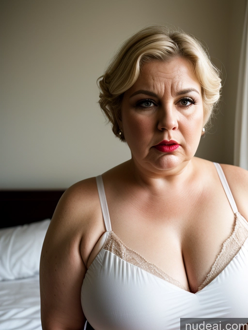 ai nude image of blond woman in white bra top sitting on bed with red lipstick pics of Blonde Pixie Bedroom Nightgown 70s Fat Perfect Boobs Serious Angry Secretary Lipstick Dutch