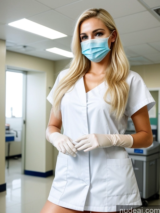 ai nude image of blond woman in white uniform and mask standing in hospital hallway pics of Beautiful Sexy Face Detailed Model Blonde 20s Hospital Gloves Face Mask