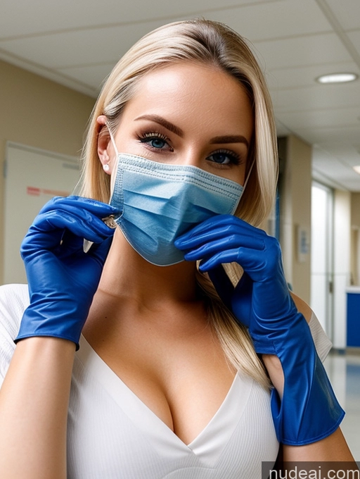 ai nude image of blond woman wearing blue gloves and a mask in a hospital hallway pics of Beautiful Sexy Face Detailed Model Blonde 20s Hospital Gloves Face Mask