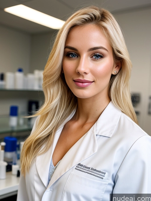 ai nude image of blond woman in lab coat posing for a picture in front of shelves pics of Beautiful Sexy Face Detailed Model Blonde 20s Lab Coat