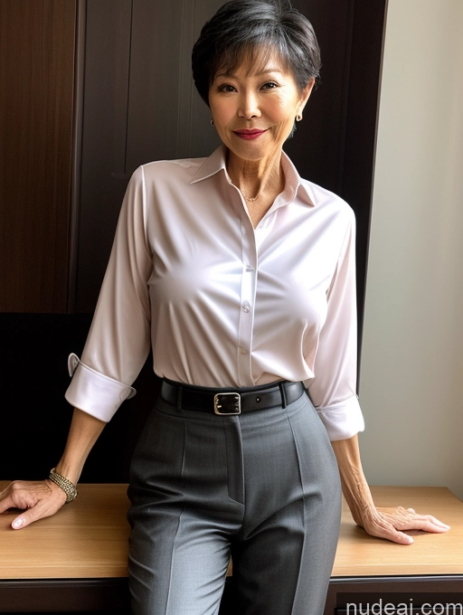 ai nude image of there is a woman standing in front of a desk with a white shirt pics of Milf Perfect Boobs Perfect Body Pubic Hair 70s Pixie Chinese Spreading Legs Nude Blouse Casual Professor Shirt Stylish Suit Detailed Dark Lighting