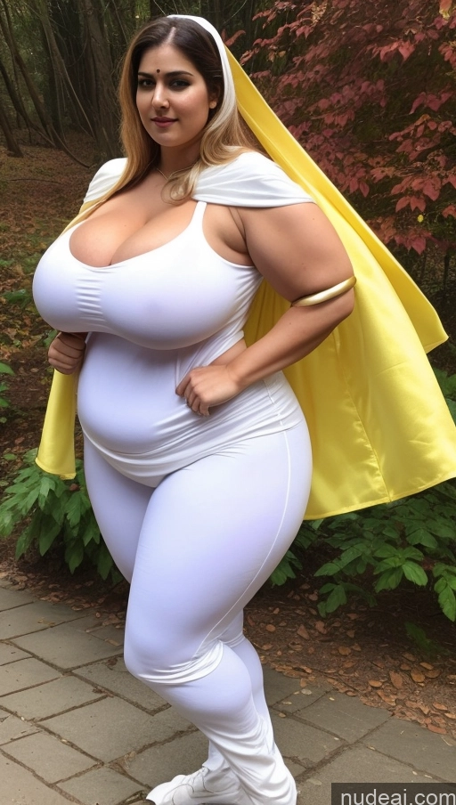 ai nude image of a pregnant woman in a white outfit and yellow cape pics of Huge Boobs Big Ass Abs Chubby Fairer Skin Indian Superhero