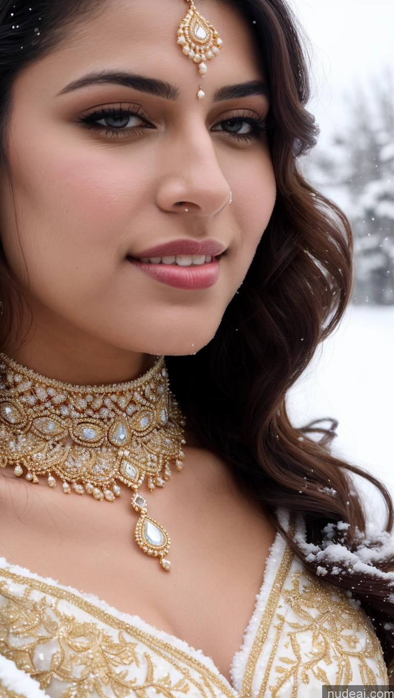 ai nude image of a close up of a woman wearing a gold and white outfit pics of Woman Huge Boobs Beautiful Lipstick Fairer Skin 50s Happy Seductive Sexy Face Black Hair Straight Indian Skin Detail (beta) Gold Jewelry Jewelry Bright Lighting Snow Close-up View Sari Wedding