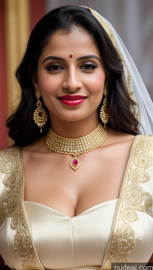 ai nude image of a close up of a woman in a wedding dress with a veil pics of Woman Huge Boobs Beautiful Lipstick Fairer Skin 50s Happy Seductive Sexy Face Black Hair Straight Indian Skin Detail (beta) Gold Jewelry Jewelry Bright Lighting Snow Close-up View Sari Wedding