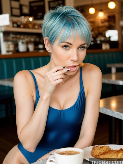 related ai porn images free for Woman One 20s Pixie Eating Cafe Perfect Body Fairer Skin Blue Hair White One Piece Swimsuit