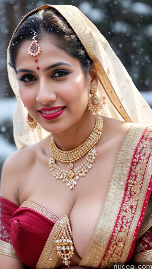 ai nude image of a close up of a woman in a red and gold outfit pics of Woman Huge Boobs Beautiful Lipstick Fairer Skin 50s Happy Seductive Sexy Face Black Hair Straight Indian Skin Detail (beta) Gold Jewelry Jewelry Bright Lighting Snow Sari Wedding