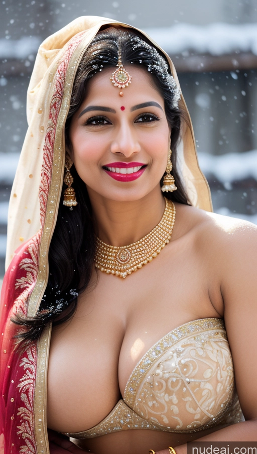 ai nude image of araffe woman in a red and gold sari posing for a picture pics of Woman Huge Boobs Beautiful Lipstick Fairer Skin 50s Happy Seductive Sexy Face Black Hair Straight Indian Skin Detail (beta) Gold Jewelry Jewelry Bright Lighting Snow Sari Wedding