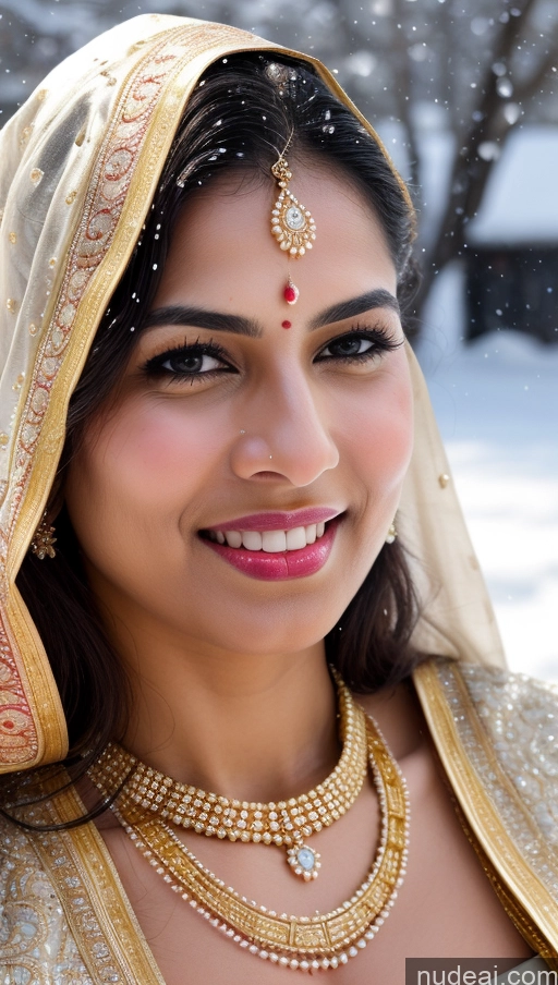 ai nude image of arafed woman in traditional indian dress smiling in the snow pics of Woman Huge Boobs Beautiful Lipstick Fairer Skin 50s Happy Seductive Sexy Face Black Hair Straight Indian Skin Detail (beta) Gold Jewelry Jewelry Bright Lighting Snow Sari Wedding