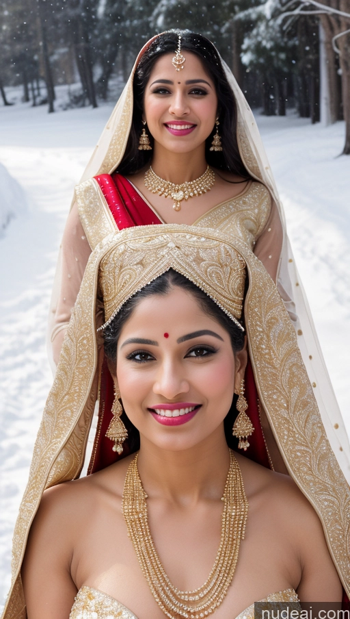 ai nude image of bride in traditional indian dress posing for a picture in the snow pics of Woman Huge Boobs Beautiful Lipstick Big Ass Fairer Skin 50s Sexy Face Happy Black Hair Middle Eastern Skin Detail (beta) Snow Sari Wedding Gold Jewelry Jewelry Bright Lighting Partially Nude