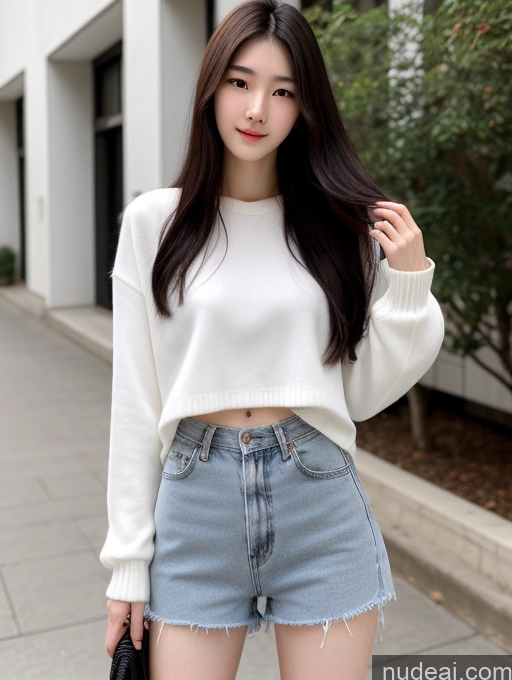 ai nude image of araffed asian woman in white sweater and denim shorts posing for a picture pics of Skinny Pubic Hair Long Hair Fairer Skin 18 Black Hair Korean Casual Spread Pussy