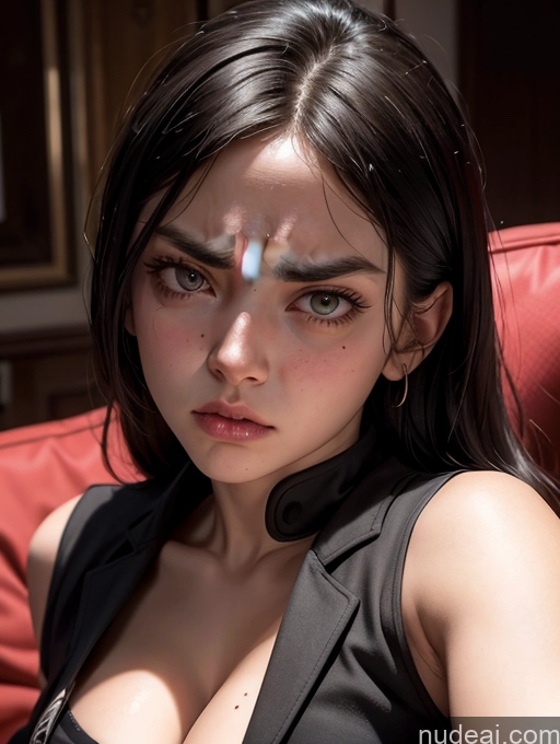 ai nude image of there is a woman with a cross on her forehead sitting on a red couch pics of Athlete Perfect Boobs 18 Bangs Chinese Skin Detail (beta) Couch Cosplay Police Detailed Angry Serious Cleavage