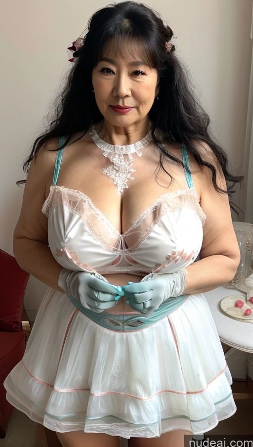 ai nude image of there is a woman in a white dress and gloves posing for a picture pics of Milf Busty Big Ass Big Hips Pubic Hair Fairer Skin Black Hair Wedding Sweet Style Dress V2 70s Gloves Korean Partially Nude Cleavage