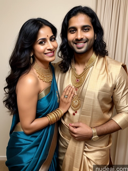 ai nude image of a man and woman posing for a picture in a blue sari pics of Woman + Man Two Beautiful 30s Happy Black Hair Long Hair Indian Sari Gold Jewelry Detailed