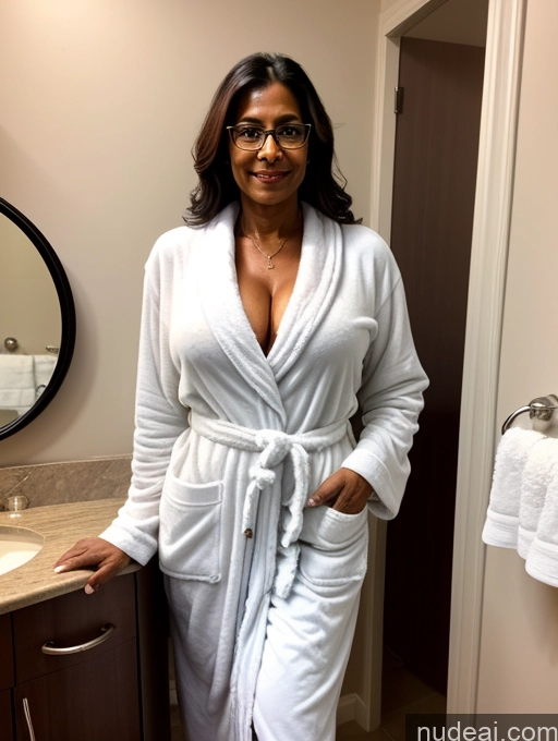 ai nude image of there is a woman standing in a bathroom wearing a robe pics of Milf Perfect Boobs Perfect Body Pubic Hair Beautiful Glasses Thick Dark Skin 50s Sexy Face Indian Bathroom Bathrobe Detailed