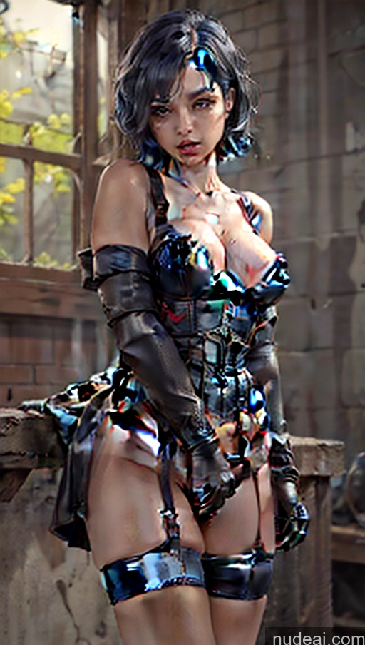 Woman One Suspension 20s Pouting Lips Blue Hair Short Hair French Prison Front View Spreading Legs Has Wings Partially Nude Dark Lighting Detailed Leather Corset Demon Style