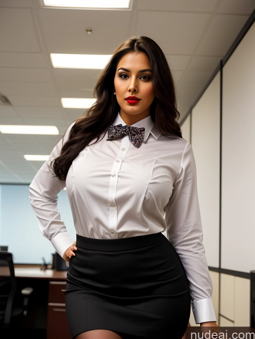 ai nude image of there is a woman in a skirt and a bow tie posing for a picture pics of One Perfect Boobs Beautiful Lipstick Big Ass Chubby Long Legs Perfect Body 30s Seductive Sexy Face Black Hair Long Hair Indian Front View Dark Lighting Simple Secretary Woman Bending Over Office Bow Tie Mini Skirt Shirt