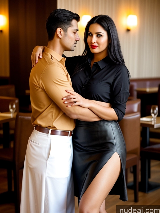 ai nude image of they are two people standing next to each other in a restaurant pics of One Perfect Boobs Beautiful Lipstick Big Ass Long Legs Chubby 30s Seductive Sexy Face Black Hair Long Hair Indian Front View Stylish Dark Lighting Simple Restaurant Long Skirt Polo Shirt Woman + Man