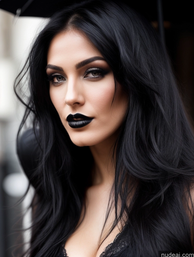 ai nude image of araffed woman with black lips and black lipstick holding an umbrella pics of Model Beautiful Perfect Body 20s Sexy Face Black Hair Long Hair Detailed Close-up View Goth