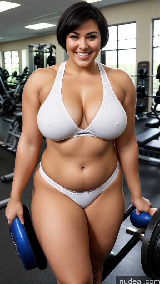 ai nude image of arafed woman in a white bikini holding a dumbble in a gym pics of Woman One Busty Beautiful Big Ass Thick 18 Happy Black Hair Gym Crop Top Short Hair Chubby Abs Fat Muscular Thong Pubic Hair Nude