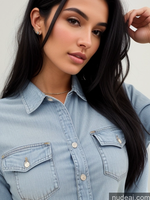 ai nude image of a close up of a woman wearing a denim shirt and a choke pics of Model Beautiful Perfect Body 20s Sexy Face Black Hair Long Hair Detailed 90s Close-up View Shirt