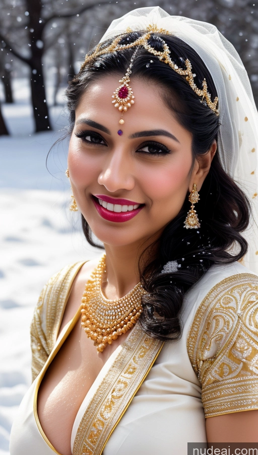 ai nude image of araffe woman in a white dress and gold jewelry posing for a picture pics of Woman Huge Boobs Beautiful Lipstick Busty Big Ass Fairer Skin 50s Happy Sexy Face Seductive Black Hair Indian Skin Detail (beta) Snow Close-up View Sari Wedding Jewelry Gold Jewelry Bright Lighting