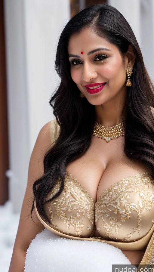 ai nude image of araffed woman in a gold and white sari posing for a picture pics of Woman Busty Huge Boobs Beautiful Lipstick Big Ass Fairer Skin 50s Happy Seductive Sexy Face Black Hair Indian Skin Detail (beta) Snow Sari Wedding Jewelry Gold Jewelry Bright Lighting Push-up Bra Close-up View