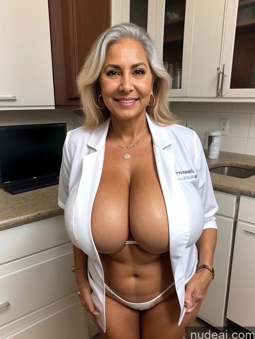 ai nude image of arafed woman in a white lab coat posing for a picture pics of Milf One Busty Huge Boobs Tanned Skin Brazilian Front View Microkini Thong Lab Coat Professor 80s