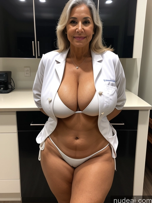 ai nude image of arafed woman in a white lab coat posing for a picture pics of Milf One Busty Huge Boobs Tanned Skin Brazilian Front View Microkini Thong Lab Coat Professor 80s