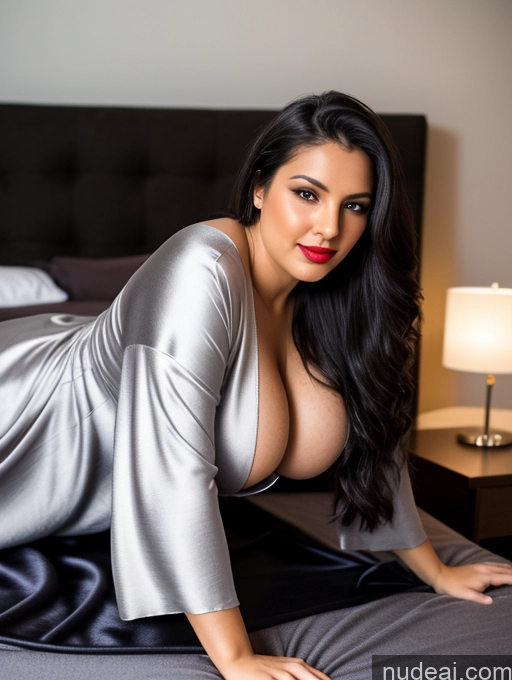 ai nude image of araffe woman in a silver dress laying on a bed pics of Several Perfect Boobs Beautiful Lipstick Big Ass Chubby Long Legs 30s Seductive Black Hair Indian Bedroom Front View On Back Long Skirt Dark Lighting Simple Woman Sweater Satin Nightgown