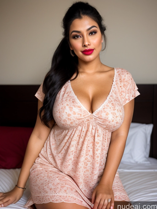 ai nude image of there is a woman sitting on a bed wearing a pink dress pics of Perfect Boobs Beautiful Lipstick Big Ass Chubby Long Legs Perfect Body 30s Happy Seductive Sexy Face Pouting Lips Black Hair Ponytail Indian Traditional Simple Alternative Dark Lighting One Woman Sleeping Nightgown Shirt Bedroom