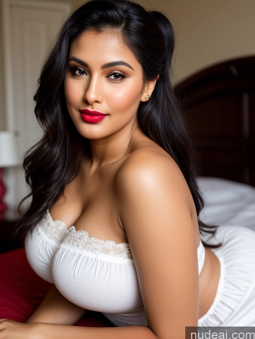 ai nude image of araffed woman in white lingerie laying on a bed pics of Perfect Boobs Beautiful Lipstick Big Ass Chubby Long Legs Perfect Body 30s Happy Seductive Sexy Face Pouting Lips Black Hair Ponytail Indian Traditional Simple Alternative Dark Lighting One Nightgown Shirt Bedroom On Back Model