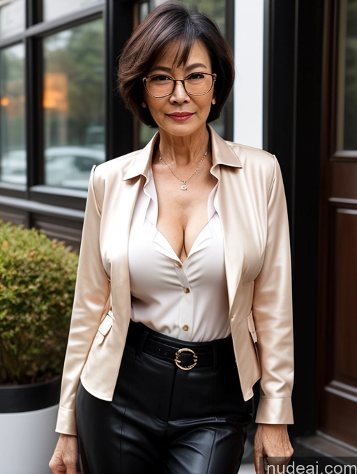 ai nude image of there is a woman in a tan jacket and black pants pics of Milf Perfect Boobs Perfect Body Pubic Hair Beautiful Glasses Sexy Face Chinese Nude Blouse Jacket Shirt Stylish Cleavage Dark Lighting Detailed Casual Short Hair 70s Suit