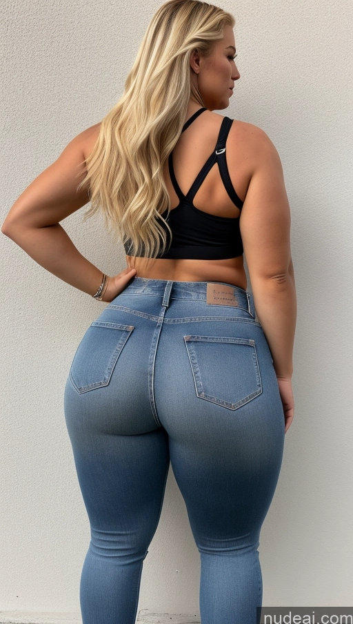 ai nude image of a woman in a black top and jeans standing against a wall pics of Athlete Big Ass Big Hips Jeans Blonde