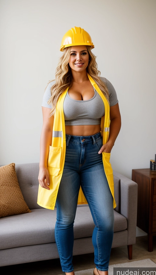 ai nude image of arafed woman in a hard hat and jeans posing for a picture pics of Athlete Busty Beautiful Big Ass Thick Big Hips Perfect Body Messy Couch Detailed Seductive 30s Cleavage Blonde Front View Construction Worker Jeans