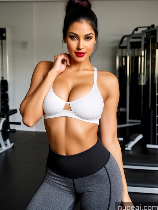 ai nude image of arafed woman in a white bra top and grey pants posing for a picture pics of Model One Perfect Boobs Beautiful Lipstick Big Ass Chubby Long Legs Perfect Body Happy Seductive Laughing Pouting Lips Indian Front View Yoga Pants Polo 30s Black Hair Ponytail Gym Dark Lighting Simple Detailed