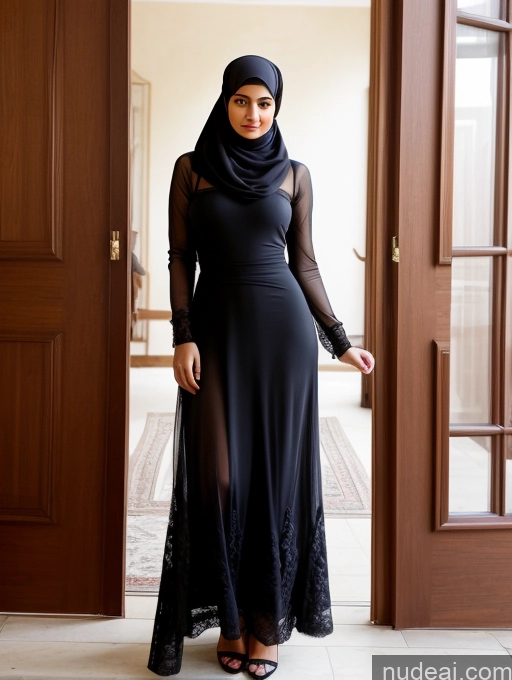 ai nude image of there is a woman standing in a doorway wearing a black dress pics of Beautiful Perfect Body Pubic Hair Dark Skin Arabic Niqab Detailed Small Tits 20s Scarf Dress Victorian Transparent Partially Nude