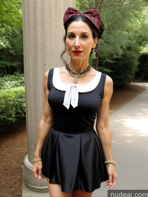 ai nude image of woman in black dress and red plaid bow tie posing for a picture pics of Milf Lipstick Skinny Short 50s Shocked Black Hair Ponytail Jewish Dress Medieval Mini Skirt Bows Pearl Jewelry