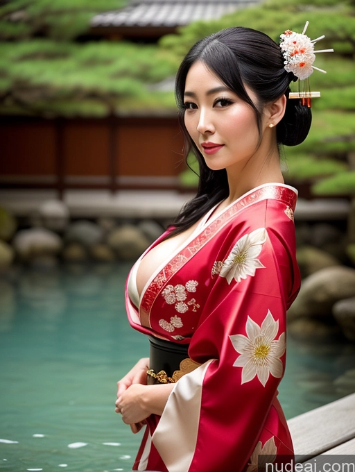 ai nude image of araffe woman in a kimono dress standing in a pond pics of Busty Perfect Boobs Perfect Body Big Hips Sexy Face Black Hair Japanese Onsen Kimono Pearl Jewelry Jewelry Cleavage Geisha Oiled Body 30s