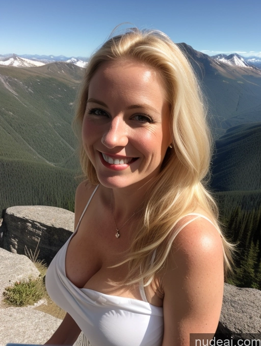 ai nude image of blonde woman in white top standing on a rock with mountains in the background pics of 40s Long Hair Front View One Happy Model Perfect Boobs Fairer Skin Swedish Mountains Blonde Sundress