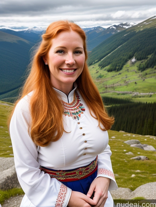 ai nude image of smiling woman in traditional clothing standing on a rocky hill overlooking a valley pics of 40s Long Hair Front View One Happy Model Perfect Boobs Fairer Skin Swedish Mountains Ginger Traditional