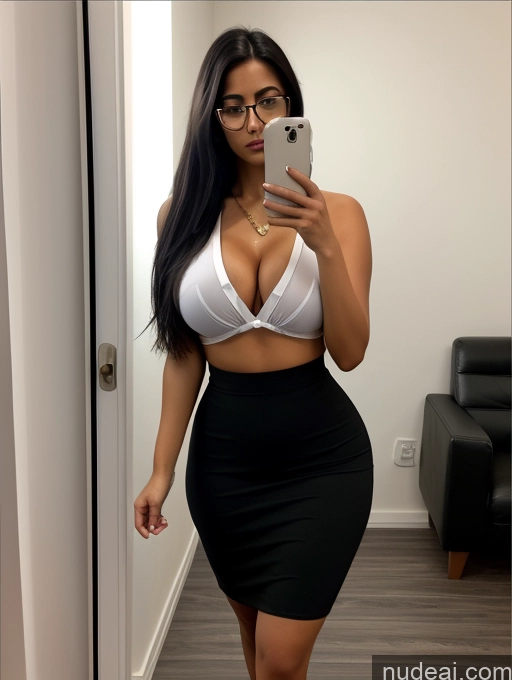 related ai porn images free for Woman One Busty Glasses Big Ass Short Tanned Skin 20s Black Hair Straight Arabic Mirror Selfie Front View Bright Lighting Serious Secretary