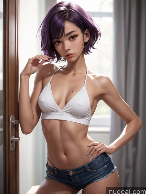 ai nude image of arafed woman in a white top and blue shorts posing for a picture pics of Sorority 18 Purple Hair Pixie Asian Skin Detail (beta) Stylish Short Long Legs Tanned Skin Small Tits Small Ass Skinny